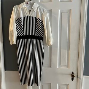 New York and company twofer dress with white poplin top and striped bottom.